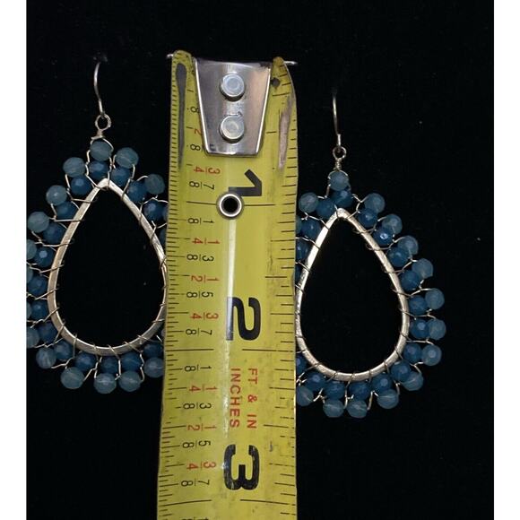 Aqua Blue Wire Beaded Boho Teardrop Dangle Pierced Wire Earrings - Picture 5 of 5